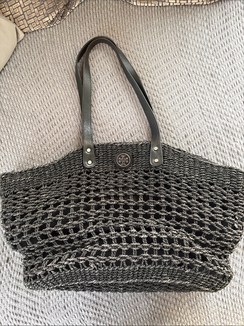 Tory Burch Black Crochet Tote with Leather Straps
